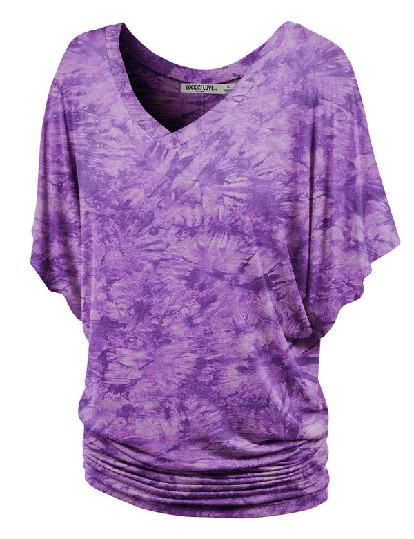 Short Sleeve V Neck Tie-Dye Dolman Top