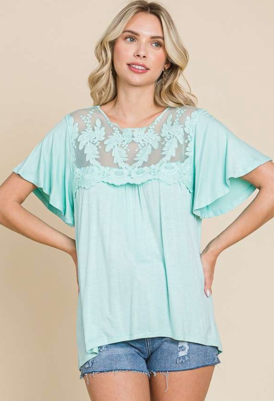 Flutter Sleeve Lacey Neck Blouse