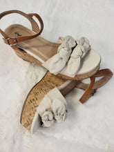 Load image into Gallery viewer, Beige linen wedge sandals with bow detail
